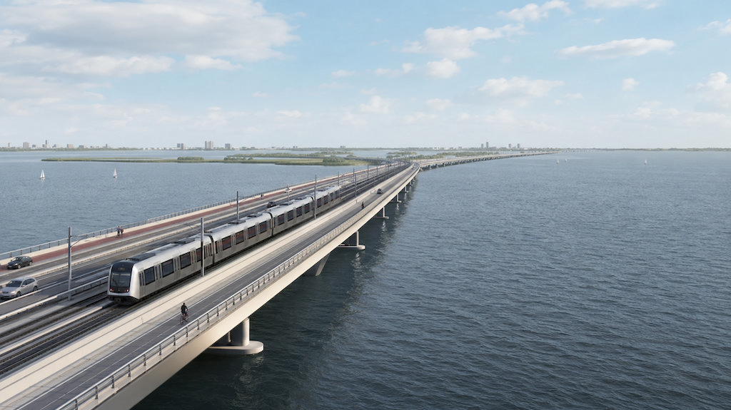 Artist impression van een mogelijke IJmeerverbinding, hier inclusief auto's (Foto: AI)