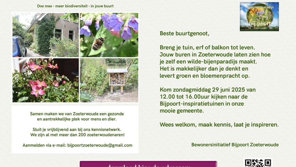 Rondgang op 29 juni a.s. langs bij-vriendelijke tuinen in Zoeterwoude