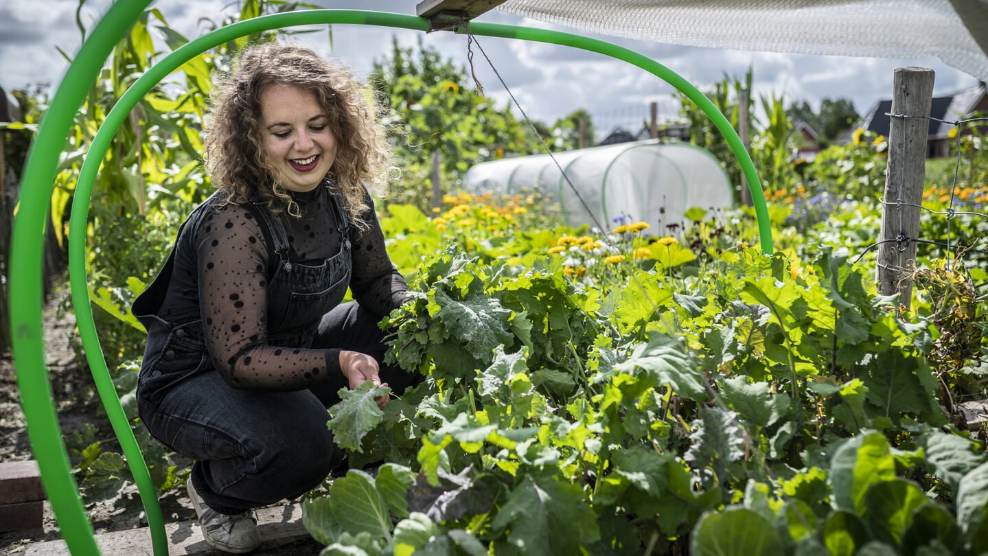 Sanne Meijer in haar volkstuin in Roodeschool.