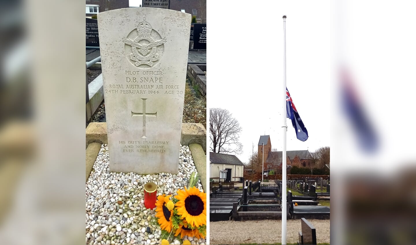 Het graf van Desmon Snape in Loppersum. Rechts hangt de Australische vlag halfstok.