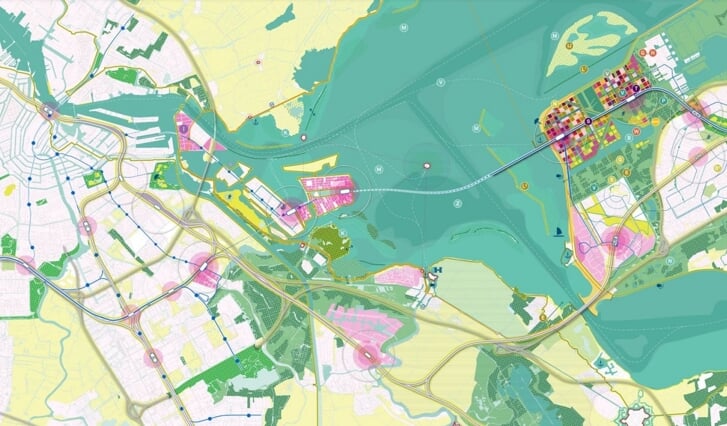 De mogelijke IJmeerverbinding van Pampus naar Amsterdam. (Foto: aangeleverd)
