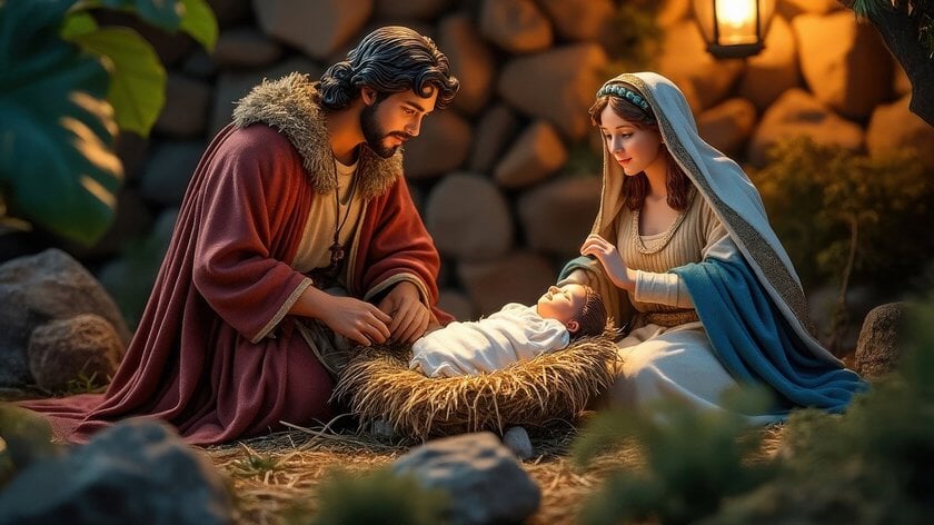 De route voert langs verschillende scènes van het kerstverhaal.
