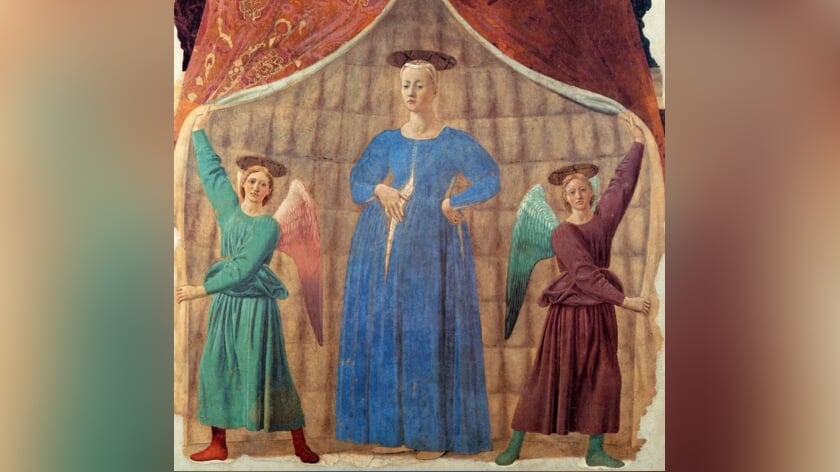Een zeldzame afbeelding van een zwangere Maria del parto op een Italiaans fresco uit 1460.