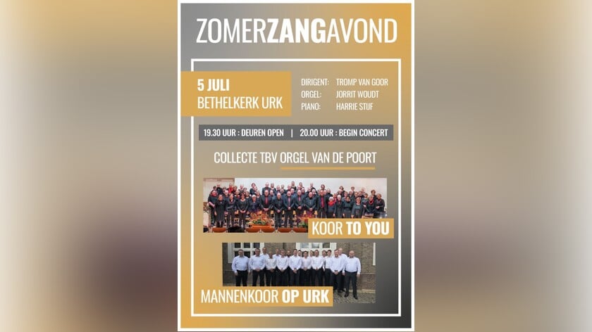 Zomerzangavond met het koor ‘To You’ en het mannenkoor ‘Op Urk’ komende zaterdag in de Bethelkerk