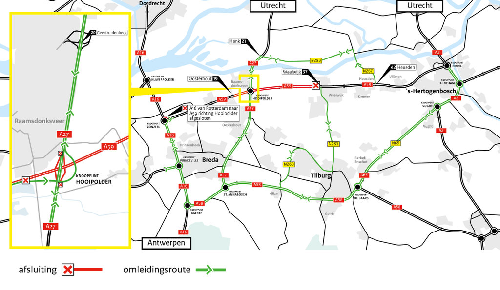 Omleidingskaart afsluiting A59 en verbindingswegen in knooppunt Hooipolder van 16 tot 26 oktober.