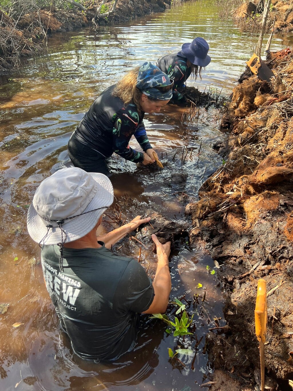Openmaken kanalen mangrovegebied Lac, Bonaire