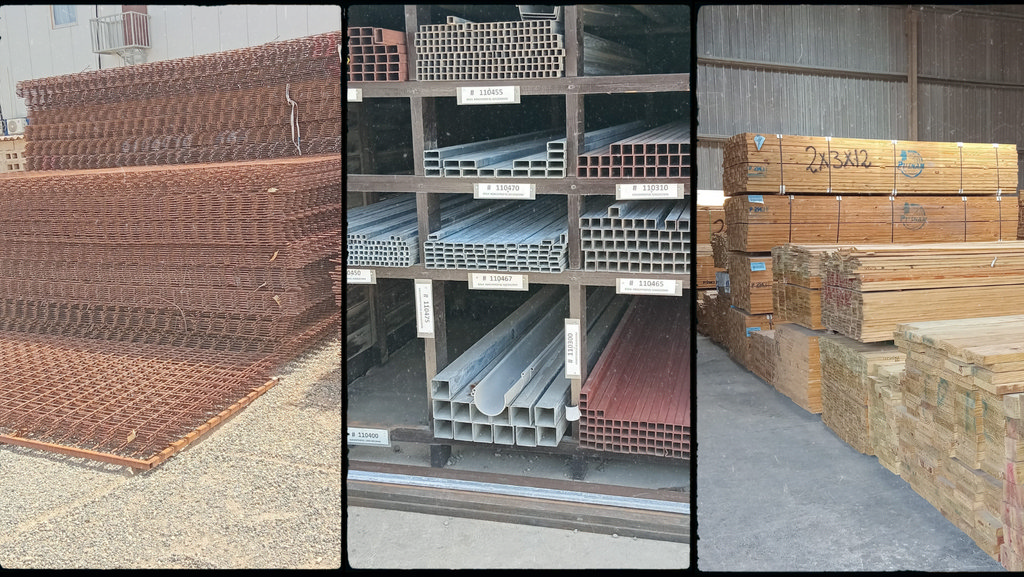 Staalmatten, diverse soorten metalen buizen en een groot aanbod aan hout