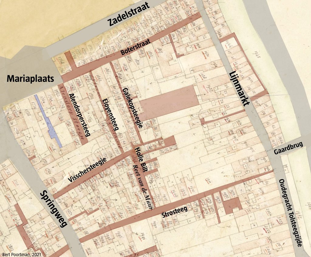 Kaart van het stegengebied rond de Visschersteeg in de 19e eeuw