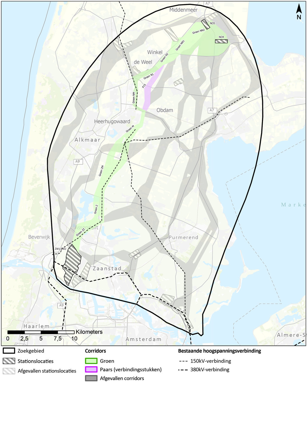 De verschillende routes met de groene als voorkeur.