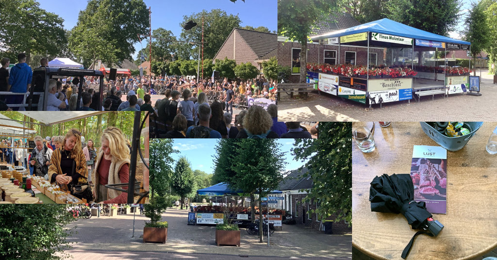 Collage van foto's. Zomerprogramma 2023 VOB in Oudemirdum, eerste week. Evenementen Zomermarkt, Sterkste Man en impressies van De Brink met kiosk en podium.