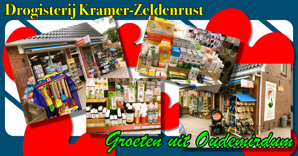 Ansichtkaart met foto's van de drogisterij Kramer-Zeldenrust in Oudemirdum. Overzicht van producten insectenbeten en -overlast