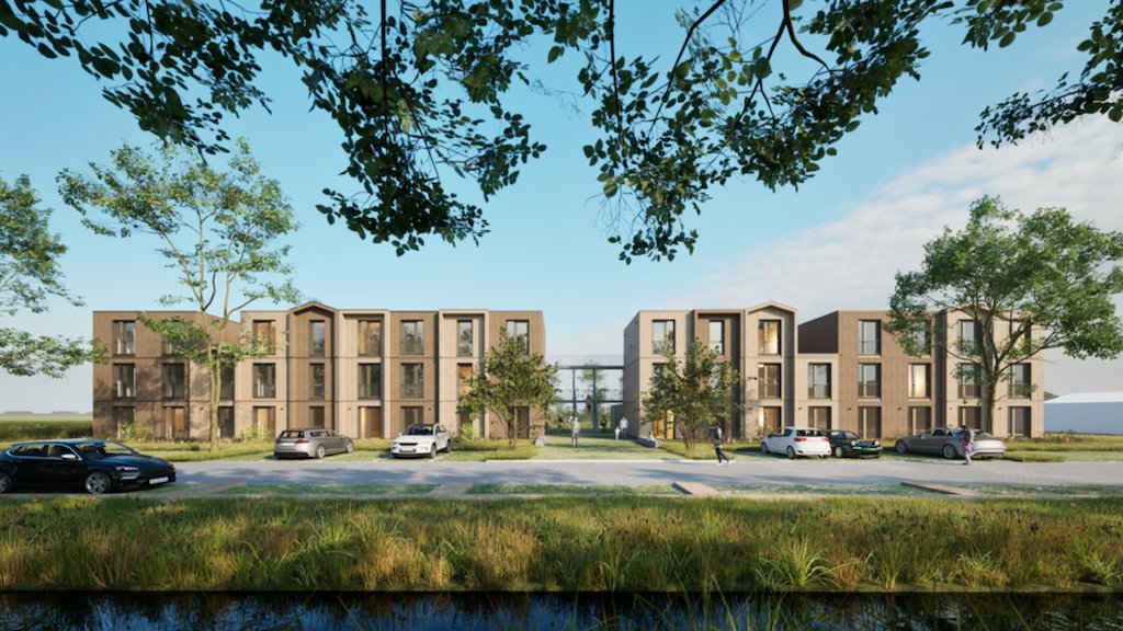 Een visualisatie van de tijdelijke woningen aan de Burgemeester Kremerweg.