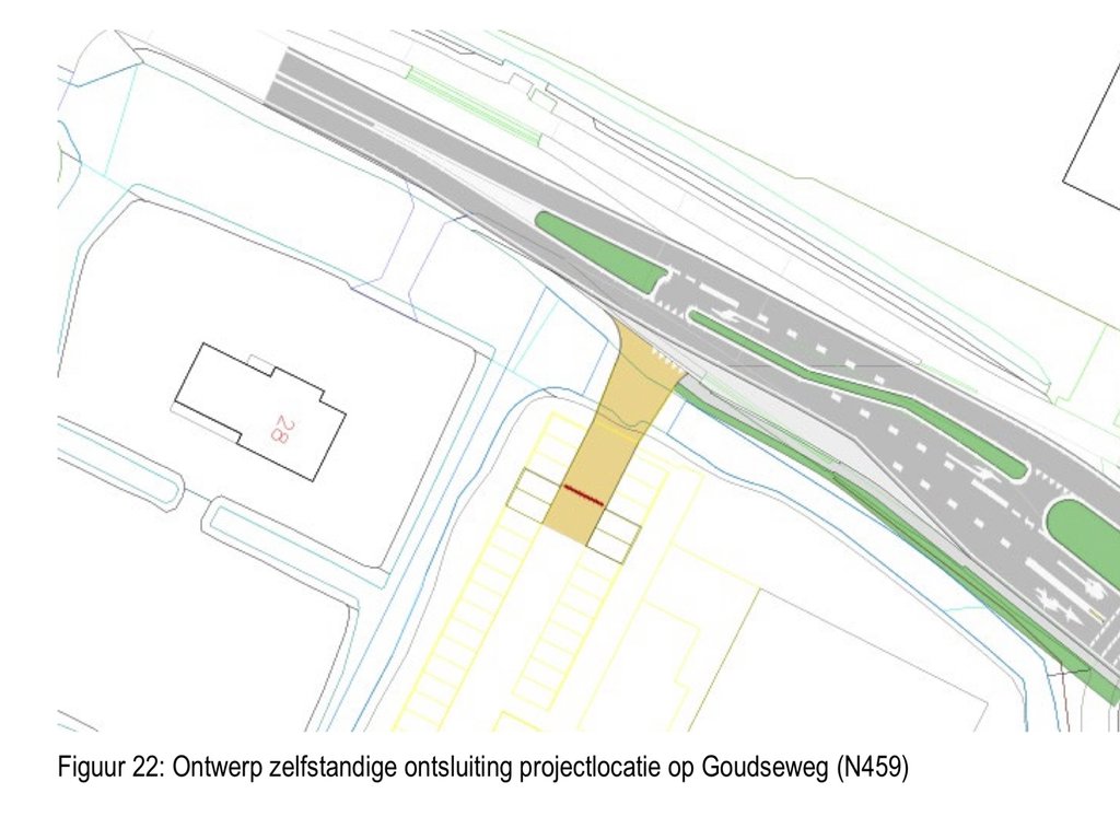 De tekening van de geplande ontsluiting op de Goudseweg.