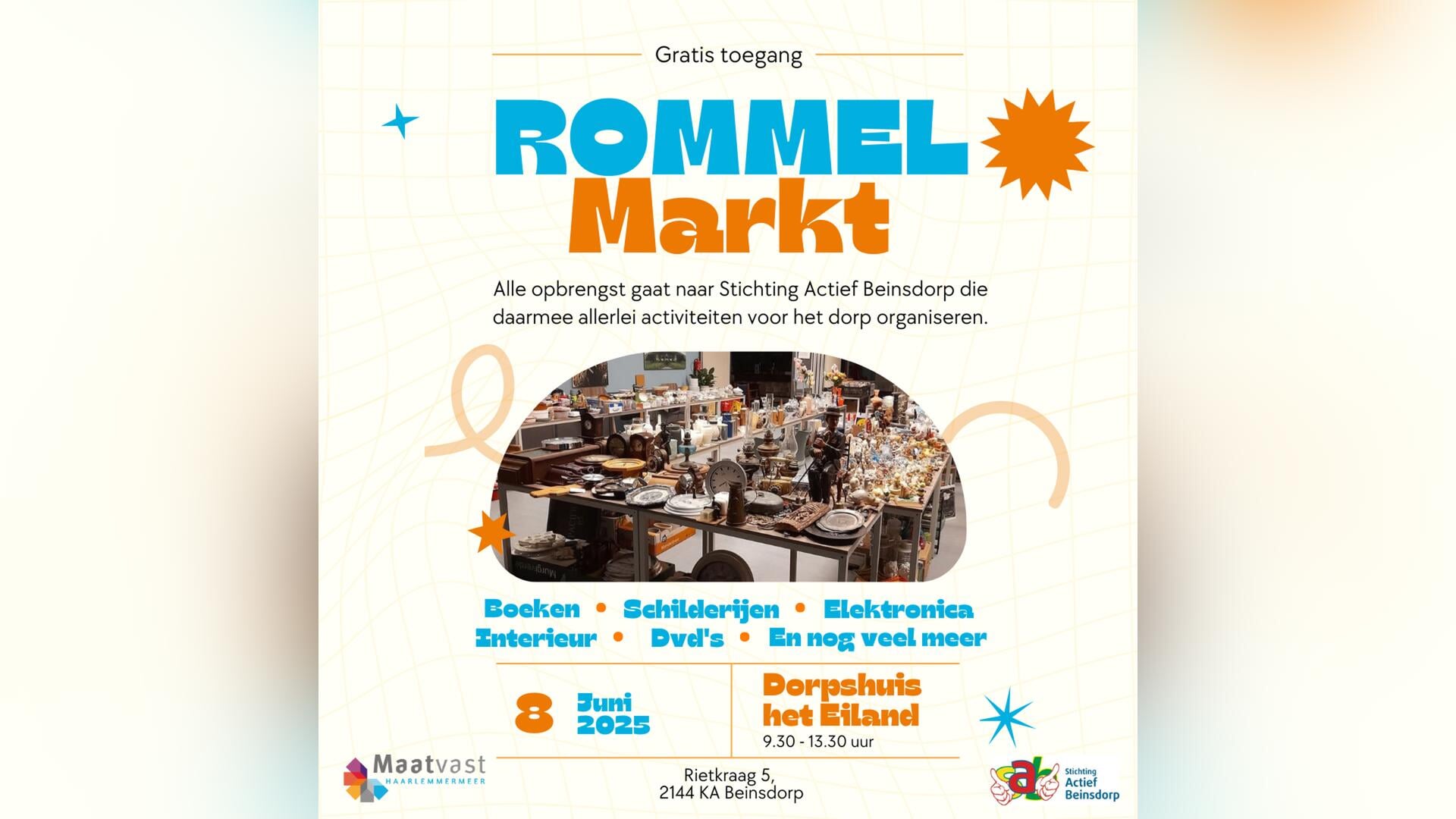 Zondag 8 juni rommelmarkt in dorpshuis Het Eiland in Beinsdorp