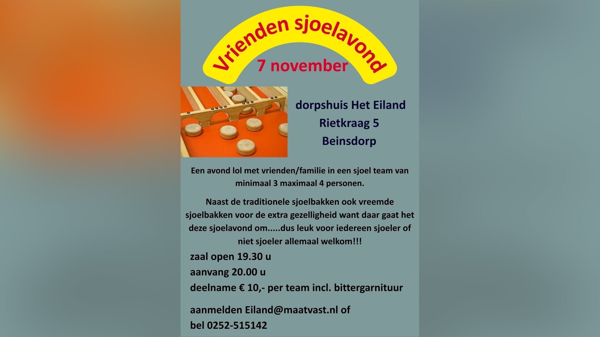 Vrijdag 7 november: vriendensjoelavond in dorpshuis Het Eiland in Beinsdorp