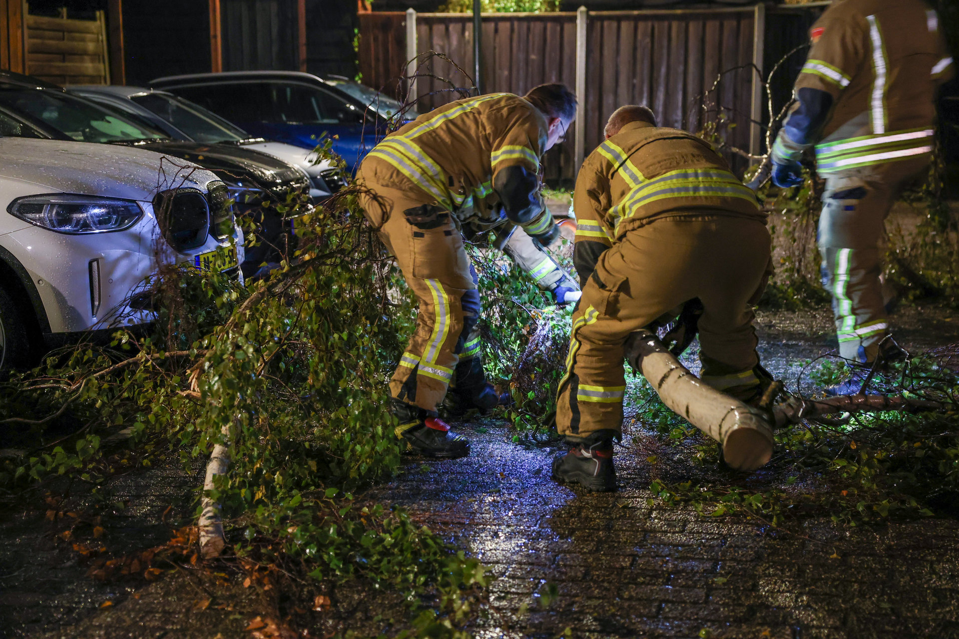 Boom op geparkeerde auto door stormschade aan de Berkendreef in Vlaardingen