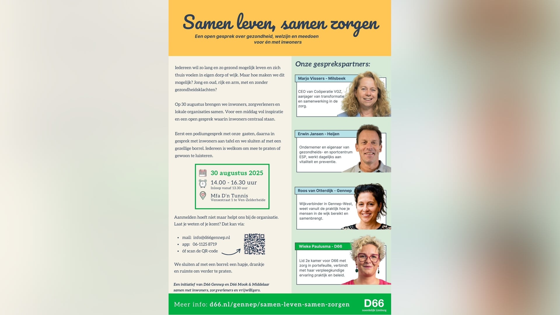 D66 Gennep organiseert bijeenkomst ‘Samen leven, Samen zorgen’