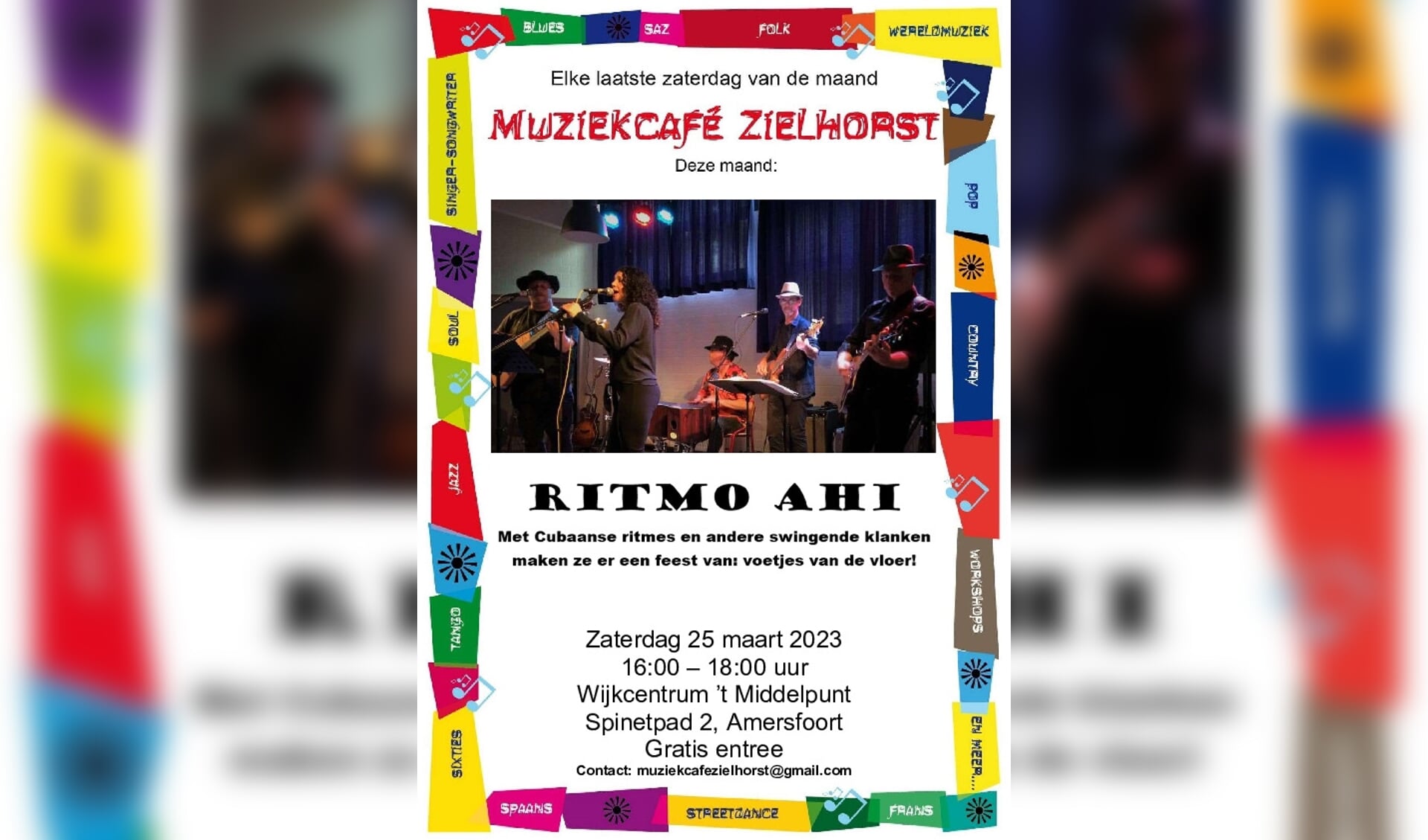 RITMO AHI, zaterdag 25 maart 2023 van 16 tot 18 uur in Muziekcafé Zielhorst