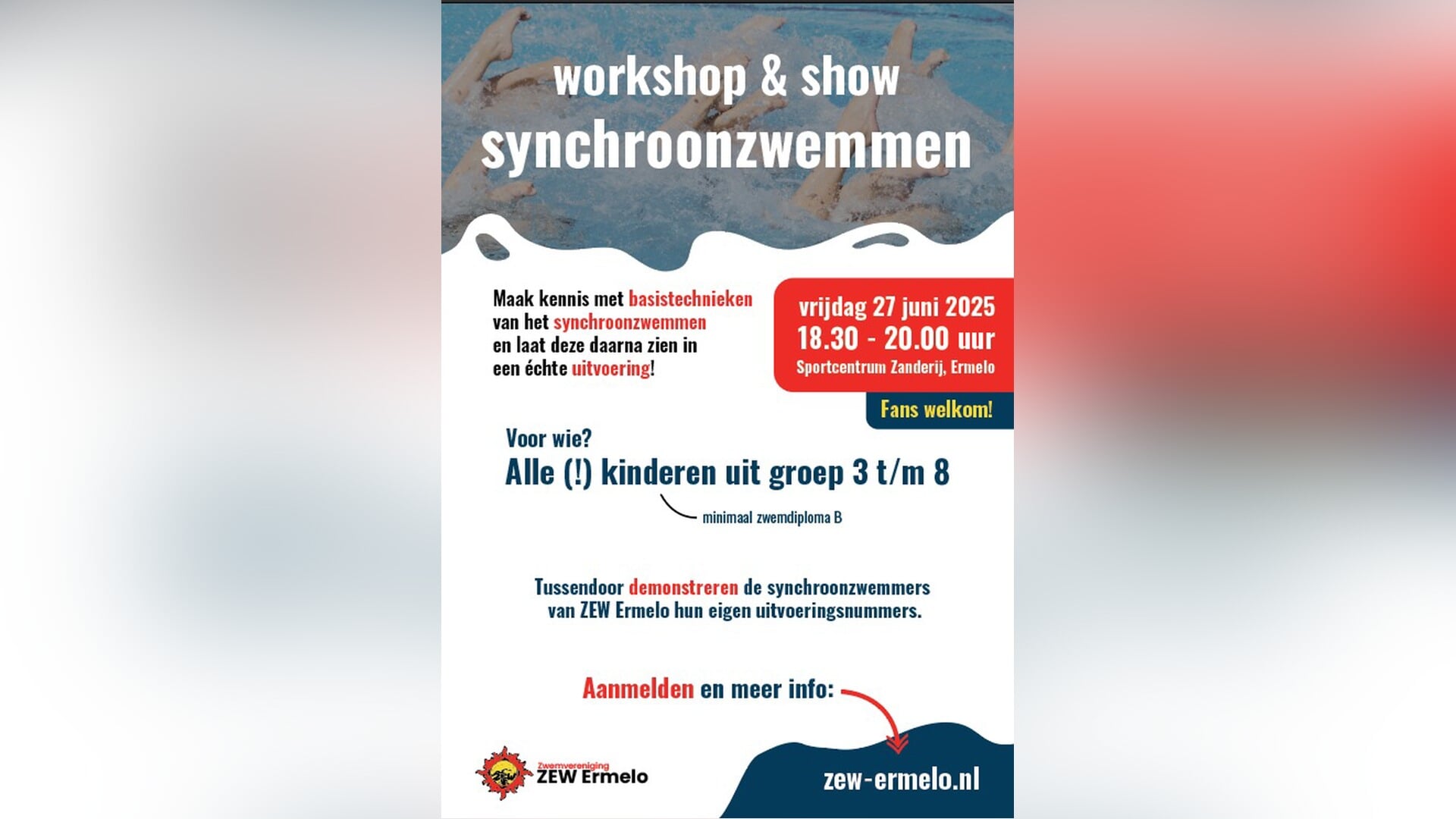 Leuke en sportieve workshop en show synchroonzwemmen op vrijdag 27 juni in zwembad de Zanderij , Erm