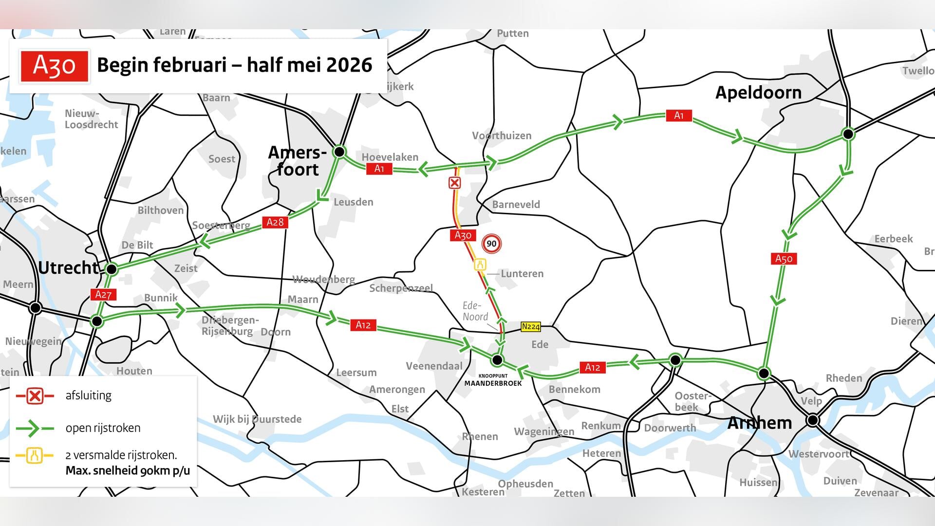 Groot onderhoud aan A30 zorgt in 2026 voor forse verkeershinder tussen Barneveld en Ede