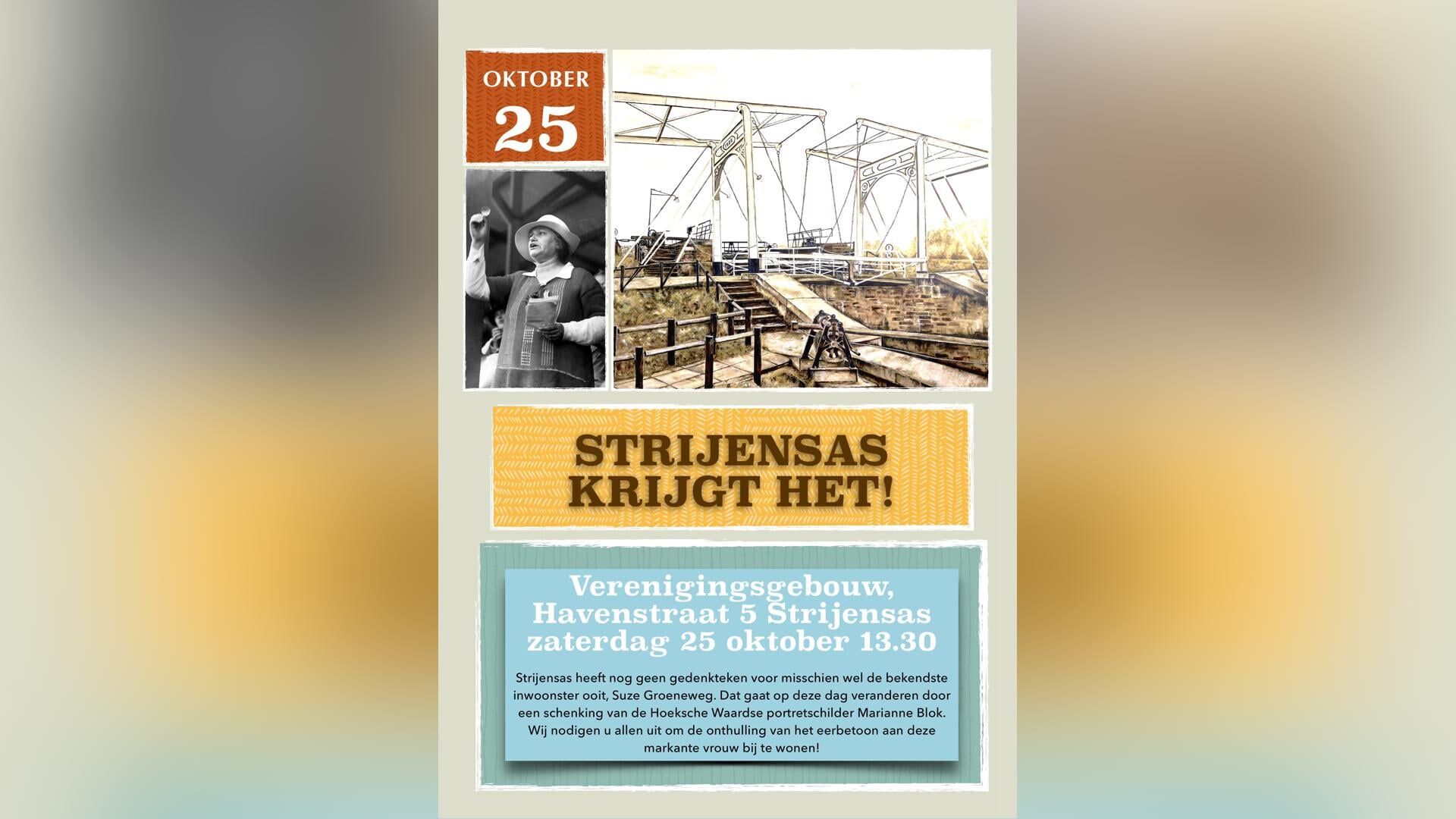 Onthulling schilderij Suze Groeneweg zaterdag 25 oktober in Strijensas