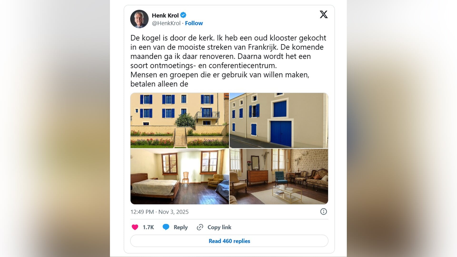 Henk Krol koopt oud klooster in Frankrijk (en heeft daar mooie plannen mee)