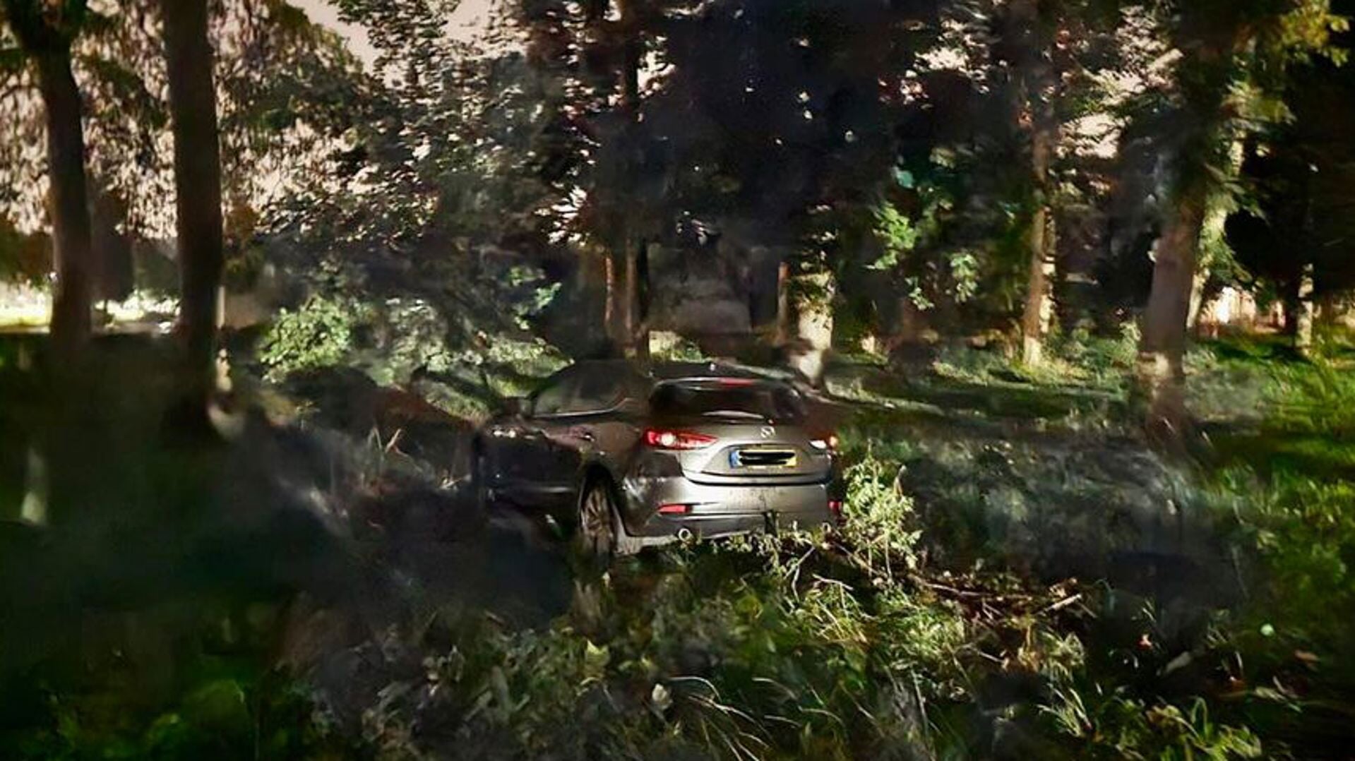 Auto rijdt in Asperen vanaf de Stadswal het bos in