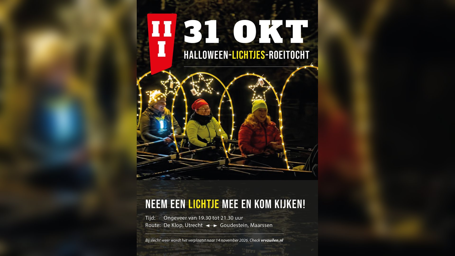 Halloween roeitocht met lichtjes over de Vecht tussen Utrecht en Maarssen